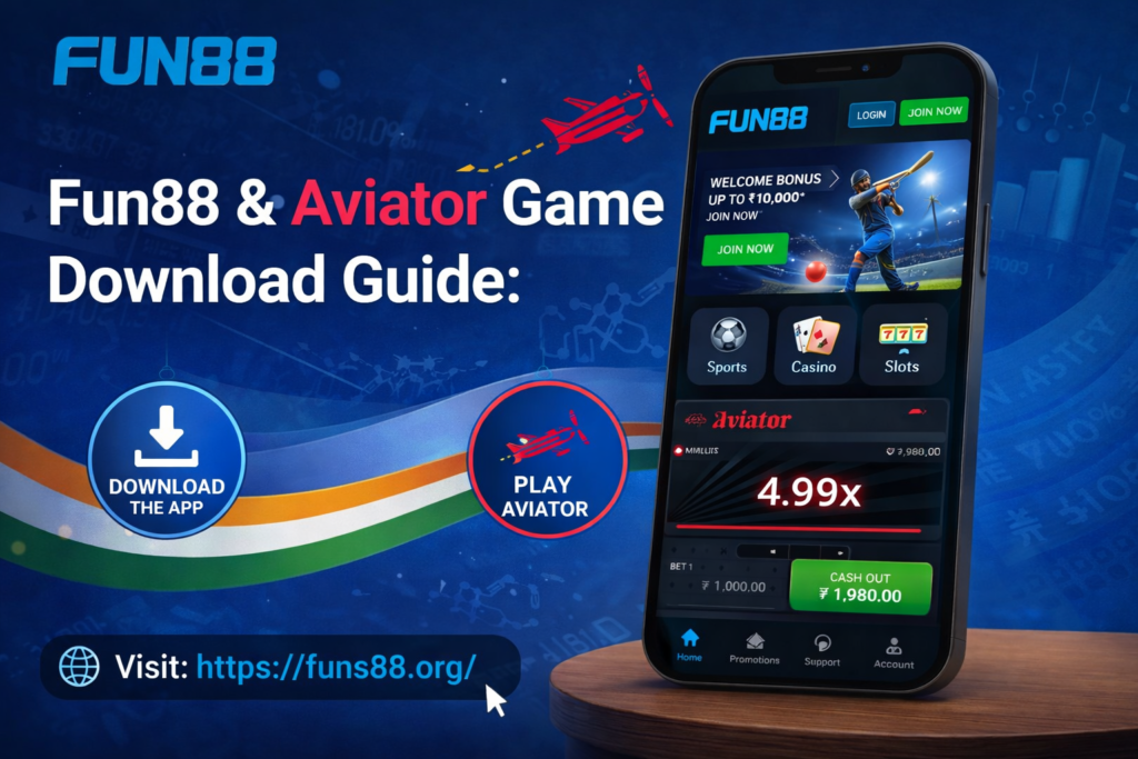 Fun88 Aviator game download guide in India showing app login, Aviator gameplay, and mobile interface